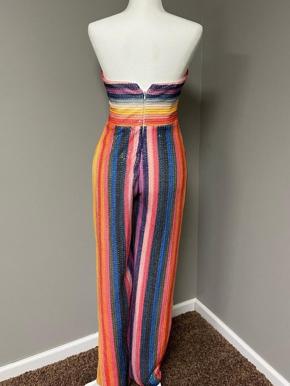 Jovani Multicolor Strapless Stripe Jumpsuit - Blue, Pink, Yellow - Picture 3 of 3